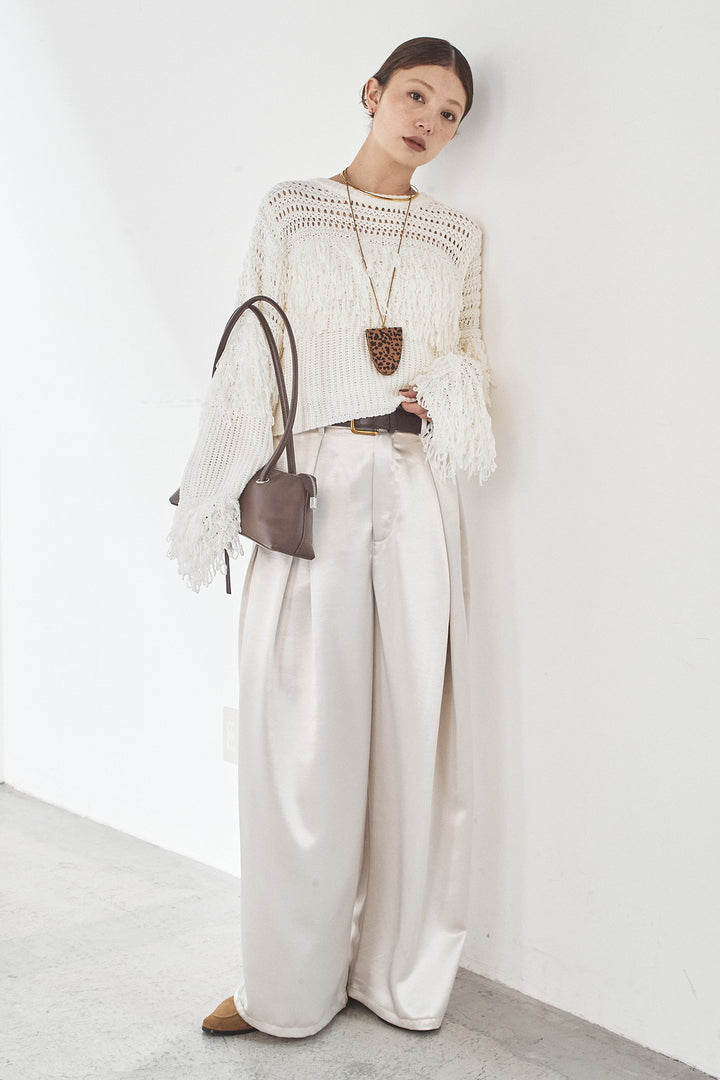 [SET]メッシュフリンジ切り替えプルオーバー+サテンタックワイドパンツ(2set)