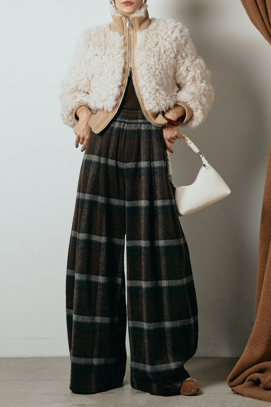 [SET]ハイネックショート丈ボアジップブルゾン+起毛タータンチェック柄ワイドパンツ(2set)