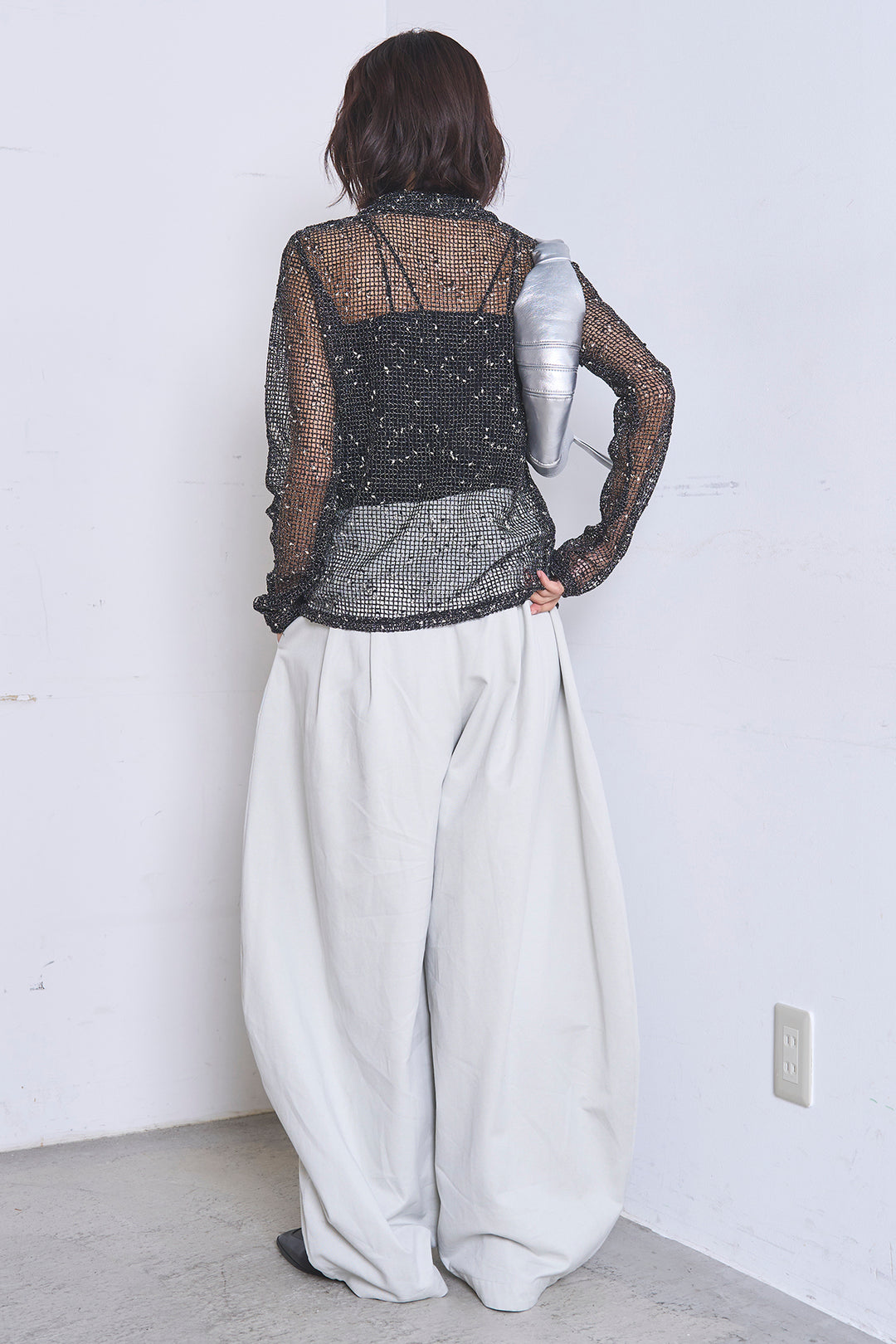 [SET]ネップメッシュポロ襟カーディガン+紐ベルト付きカーブワイドパンツ(2set)