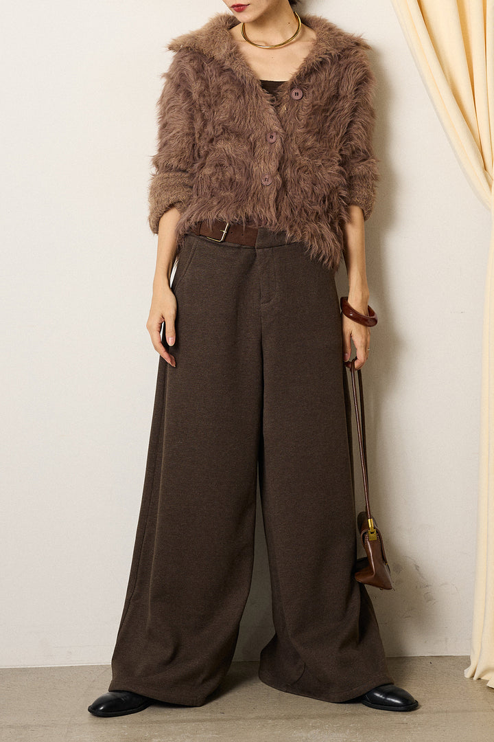 [SET]襟付きシャギーニットカーディガン+サイドベルトパンツ(2set)