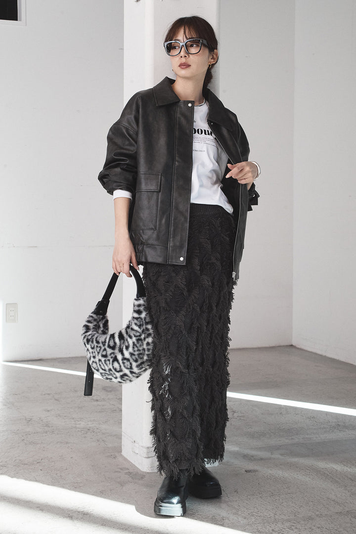 [SET]レザーライクオーバーサイズブルゾン+カットフリンジニットタイトスカート(2set)