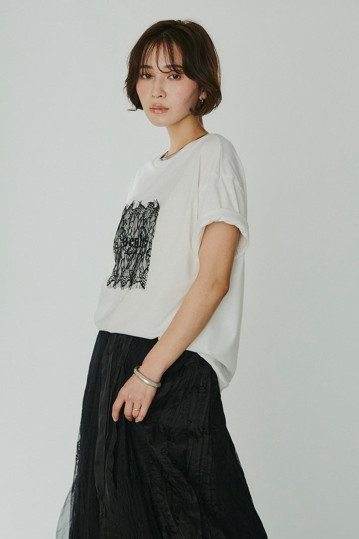 [SET]レースロゴ刺繍Tシャツ+レースコンビワッシャーギャザースカート(2set)