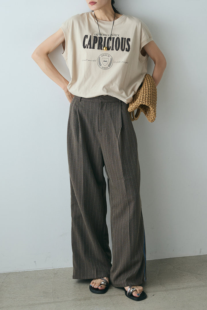 [SET]サガラ刺繍フレンチスリーブTシャツ+ピンストライプサイドラインワイドパンツ(2set)