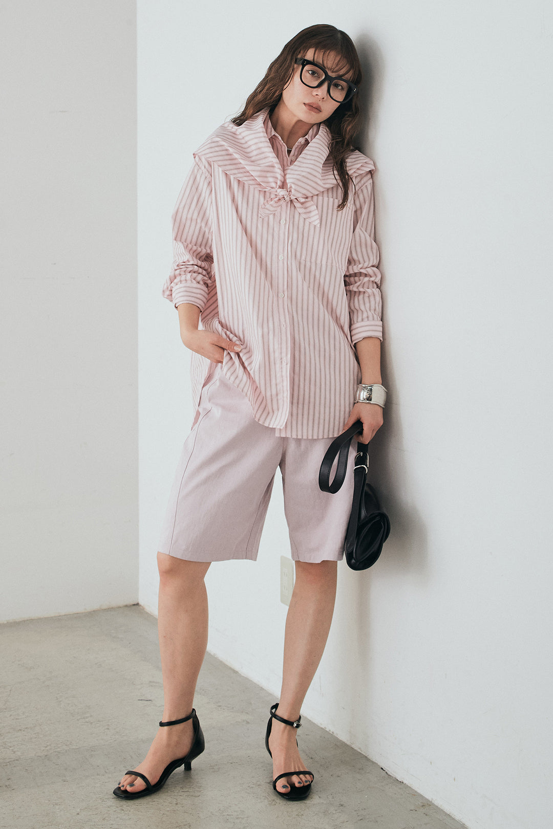 [SET]ランダムストライプスカーフ付きシャツ+デニムハーフパンツ(2set)