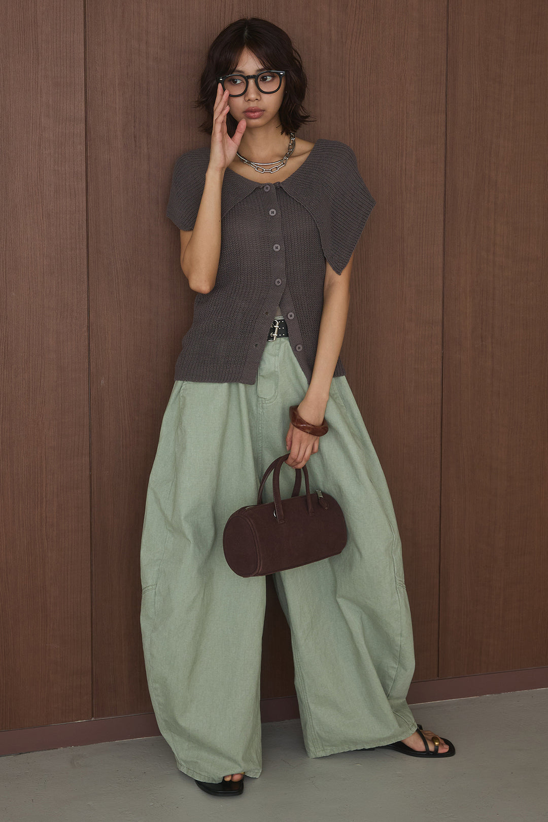 [SET]ビッグカラーボタンニットトップス+ベルト付きカラーデニムパンツ(2set)