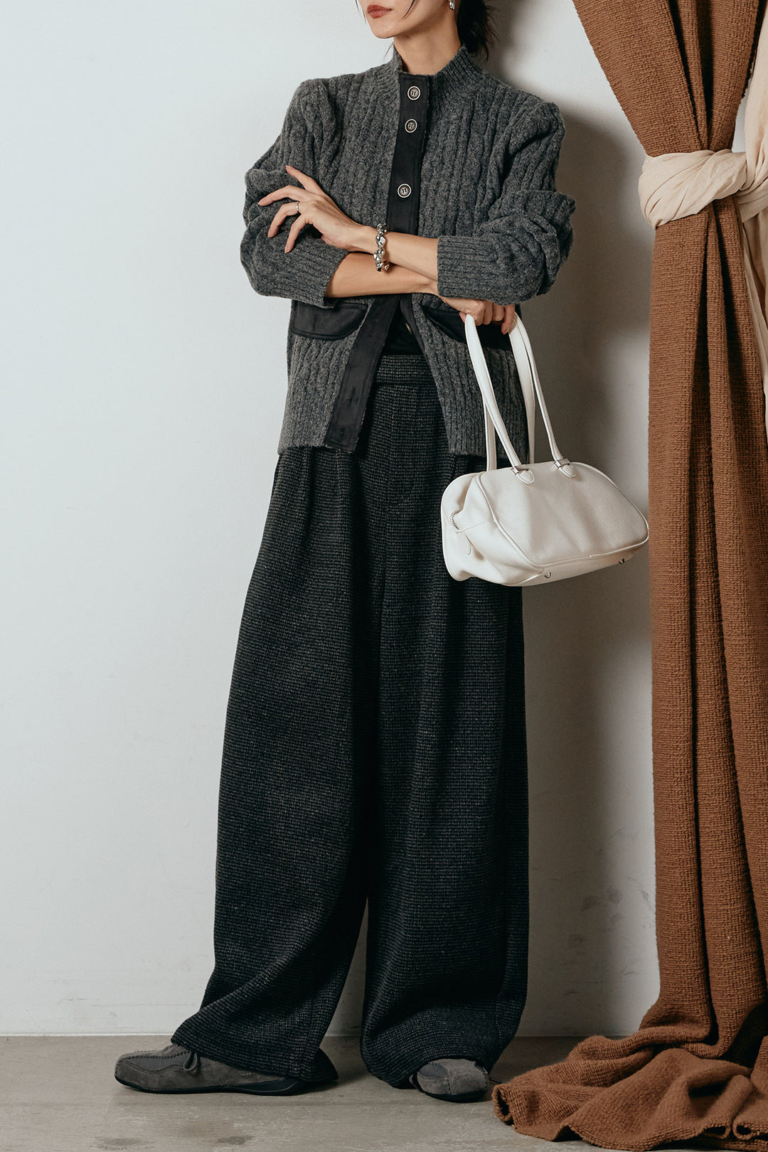 [SET]ボトルネックケーブルニットカーディガン+起毛タック入りツイードワイドパンツ(2set)