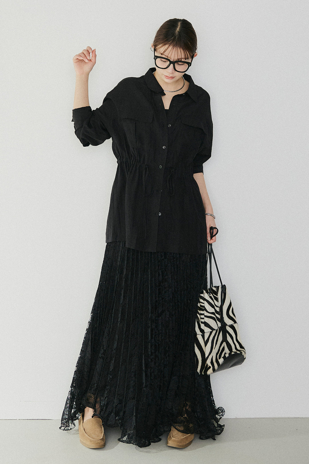 [SET]リネンブレンドシアーサファリシャツ+リラックスプリーツスカート(2set)