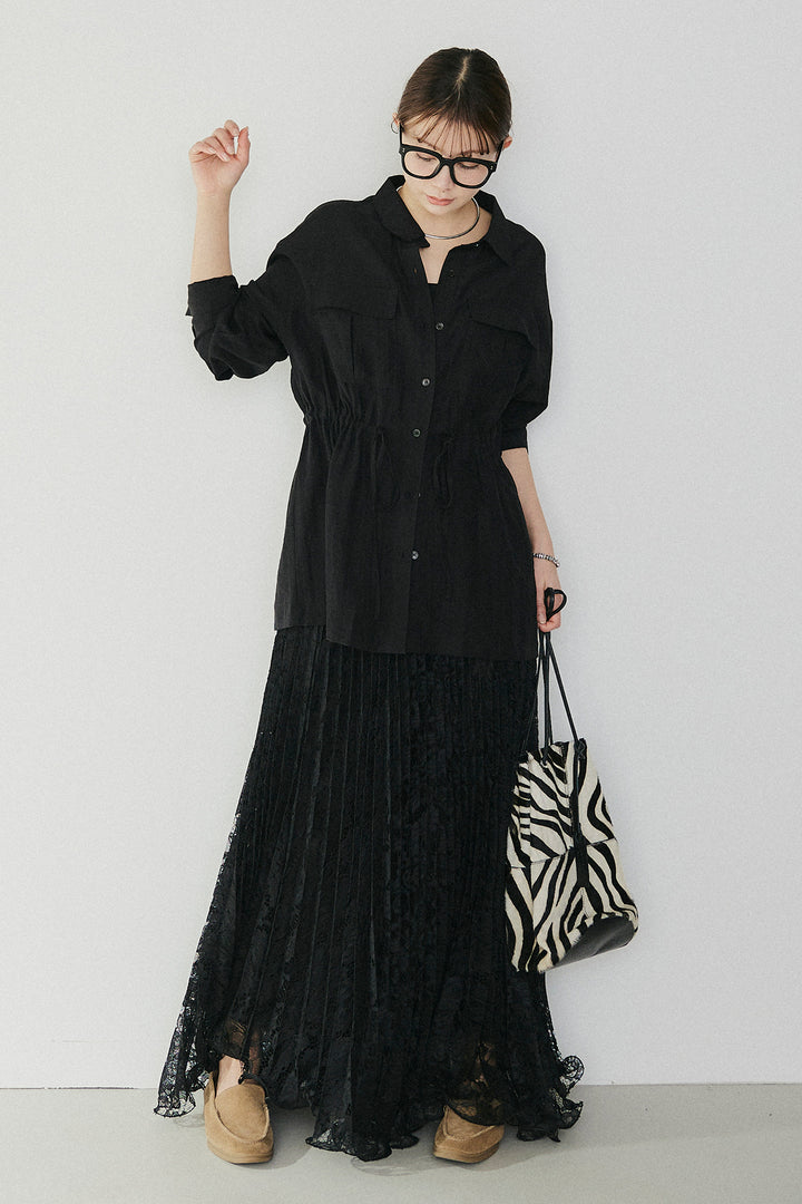 [SET]リネンブレンドシアーサファリシャツ+リラックスプリーツスカート(2set)