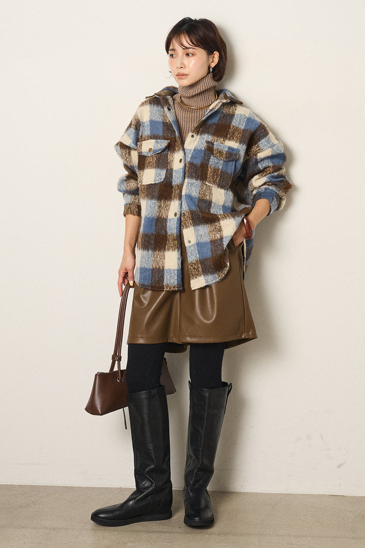 [SET]起毛チェック柄ポケットアウター+ストレッチエコレザーバミューダパンツ(2set)