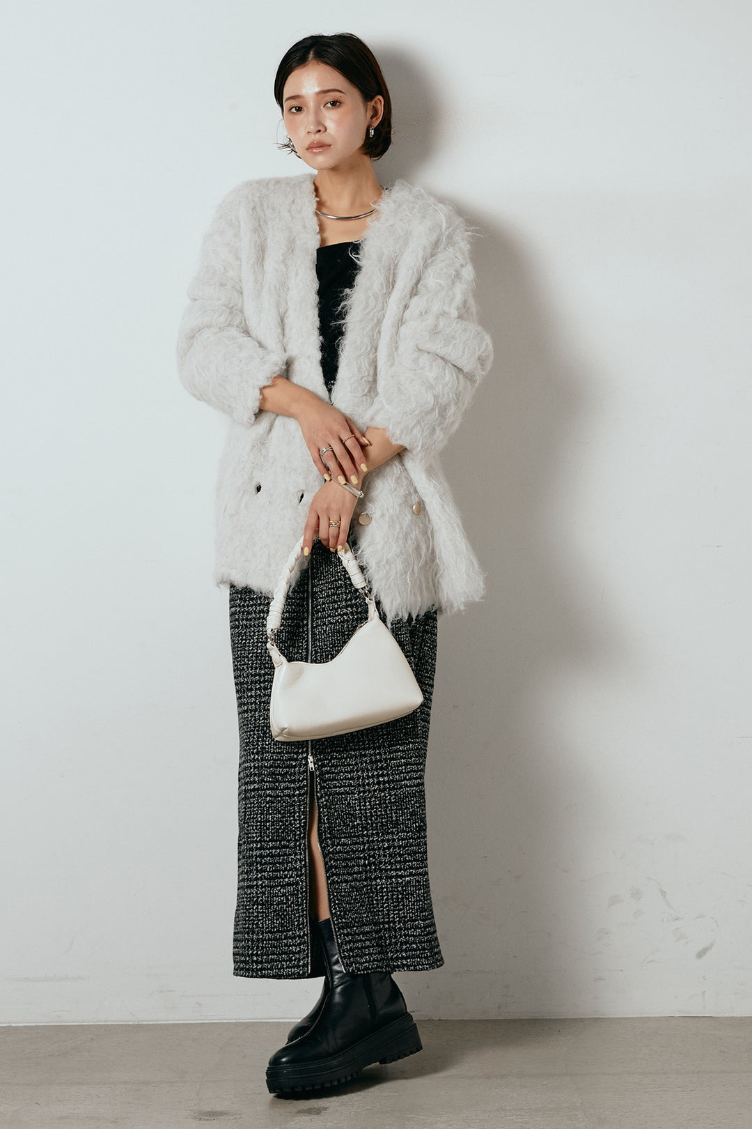 [SET]ウェーブシャギーニットジャケット+グレンチェック柄フロントジップタイトスカート(2set)