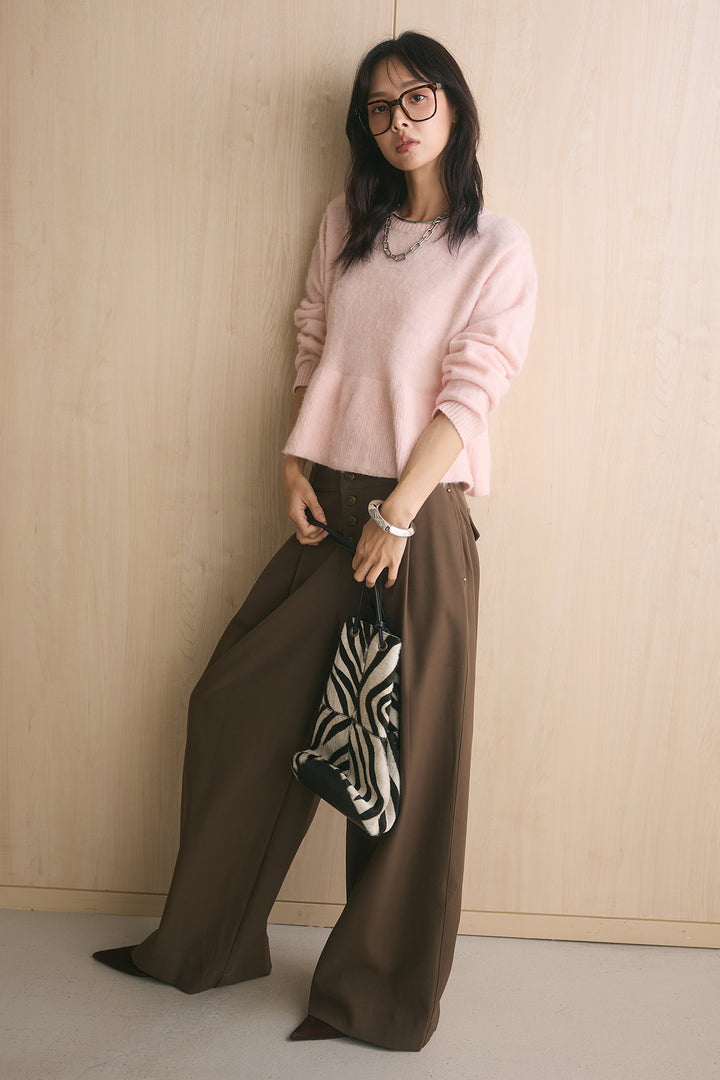 [SET]モヘアぺプラムクルーネックプルオーバー+ファイブボタンツータックワイドパンツ(2set)