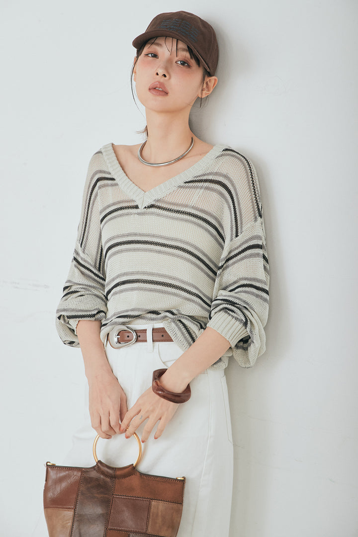 [SET]綿タッチVネックボーダートップス+裾レースデザインデニムスカート(2set)