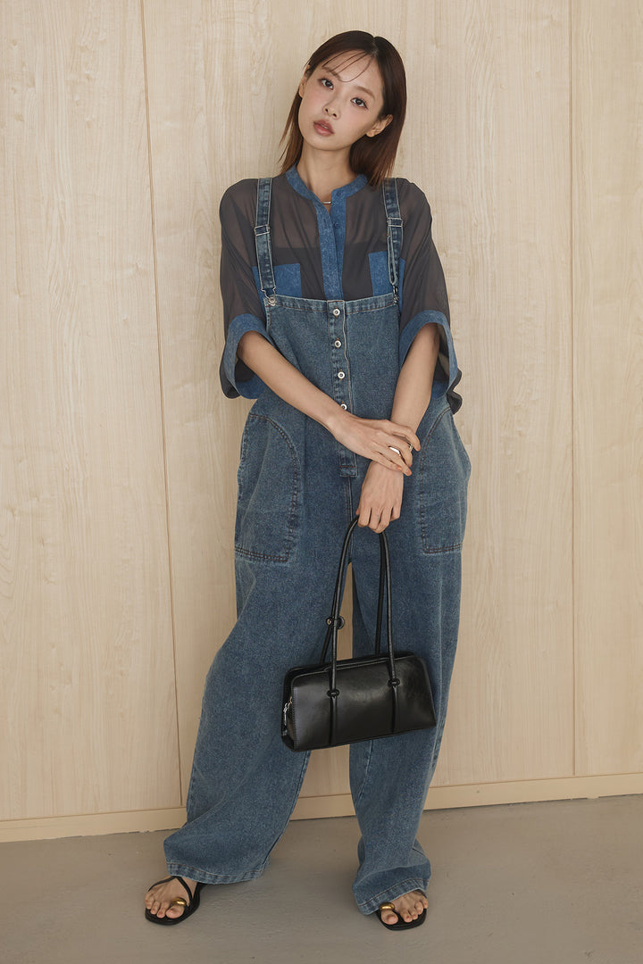 [SET]デニムライクビッグツーポケシアーシャツ+フロントボタンデニムサロペット(2set)