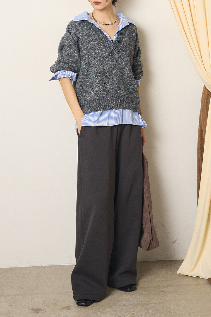 [SET]ストライプシャツドッキングニットポロトップス+裏起毛スウェットワイドパンツ(2set)