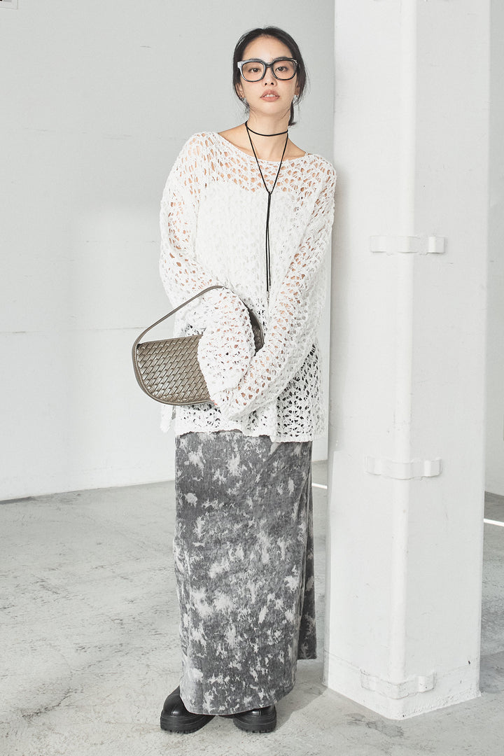 [SET]リラックスメッシュニットトップス+タイダイ柄ベロアワイドスカート(2set)