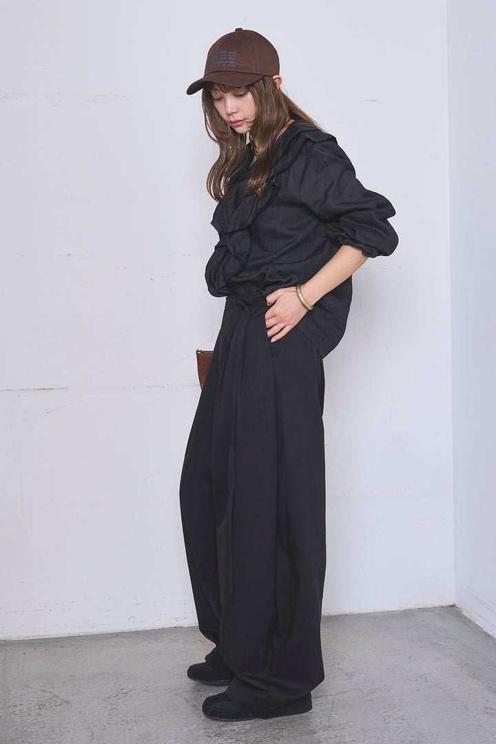 [SET]フリルボタンブラウス+紐ベルト付きカーブワイドパンツ(2set)
