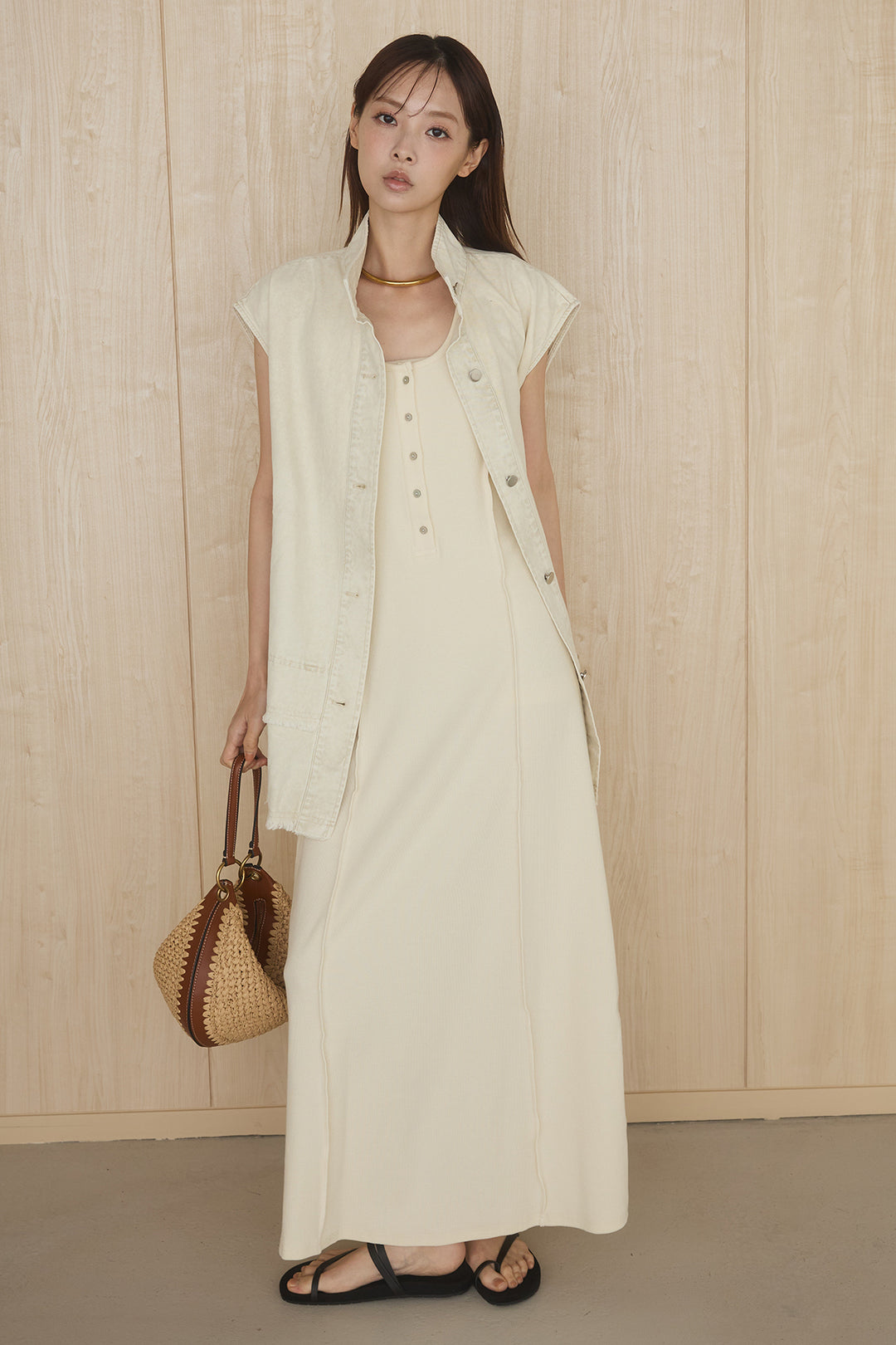 [SET]ケミカルデニムヘムカットオフジレ+ノースリロングワンピース(2set)