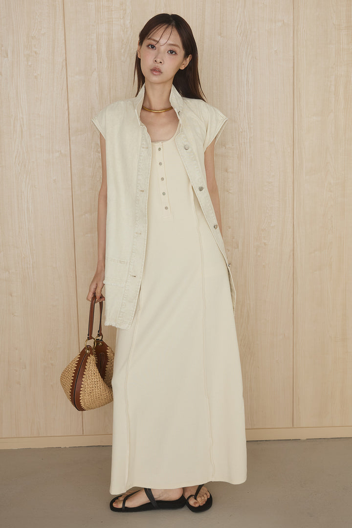 [SET]ケミカルデニムヘムカットオフジレ+ノースリロングワンピース(2set)