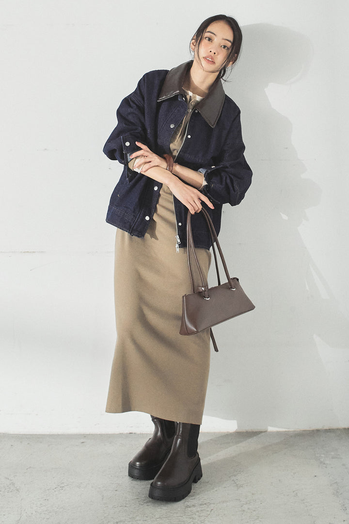 [SET]加工デニムレザー襟付きデニムブルゾン+カットリブレイヤードヘンリーネックワンピース(2set)