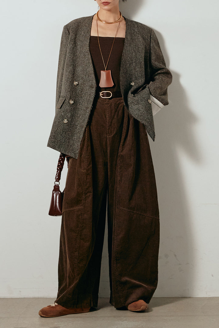 [SET]ノーカラーダブルボタンツイードジャケット+タック入りコーデュロイワイドパンツ(2set)