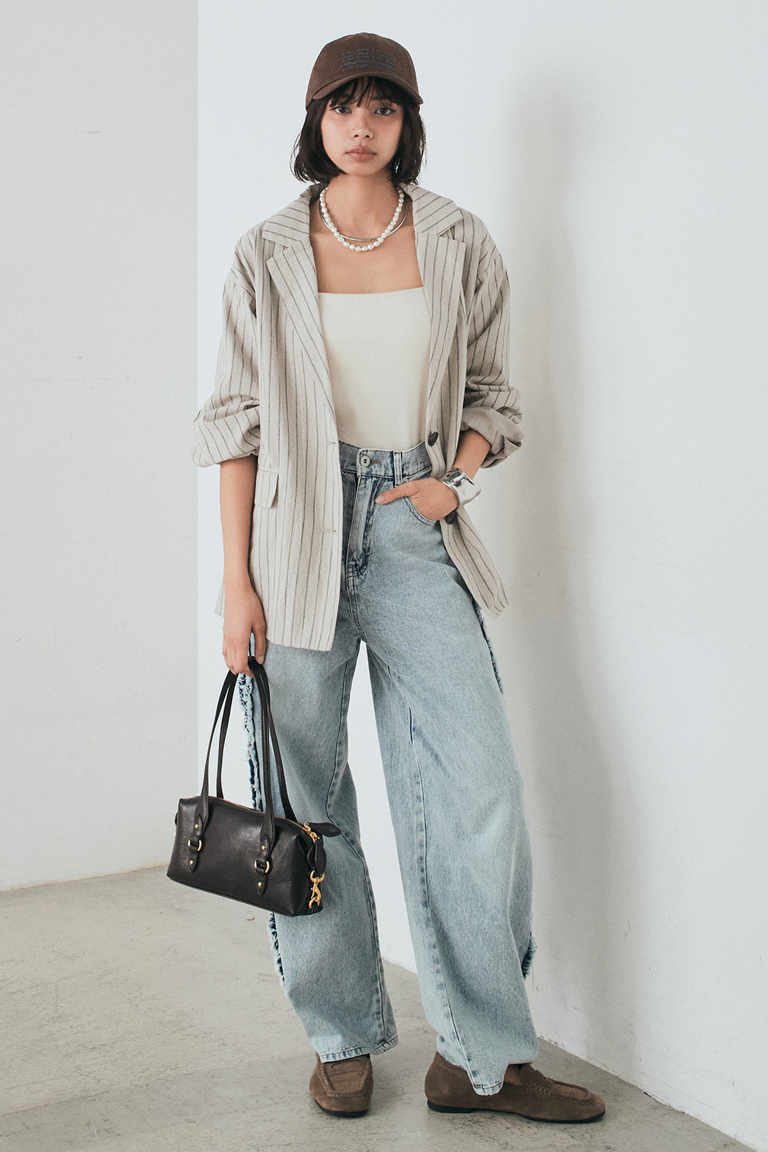 [SET]リネンライクストライプテーラードジャケット+デニムサイドフリルパンツ(2set)