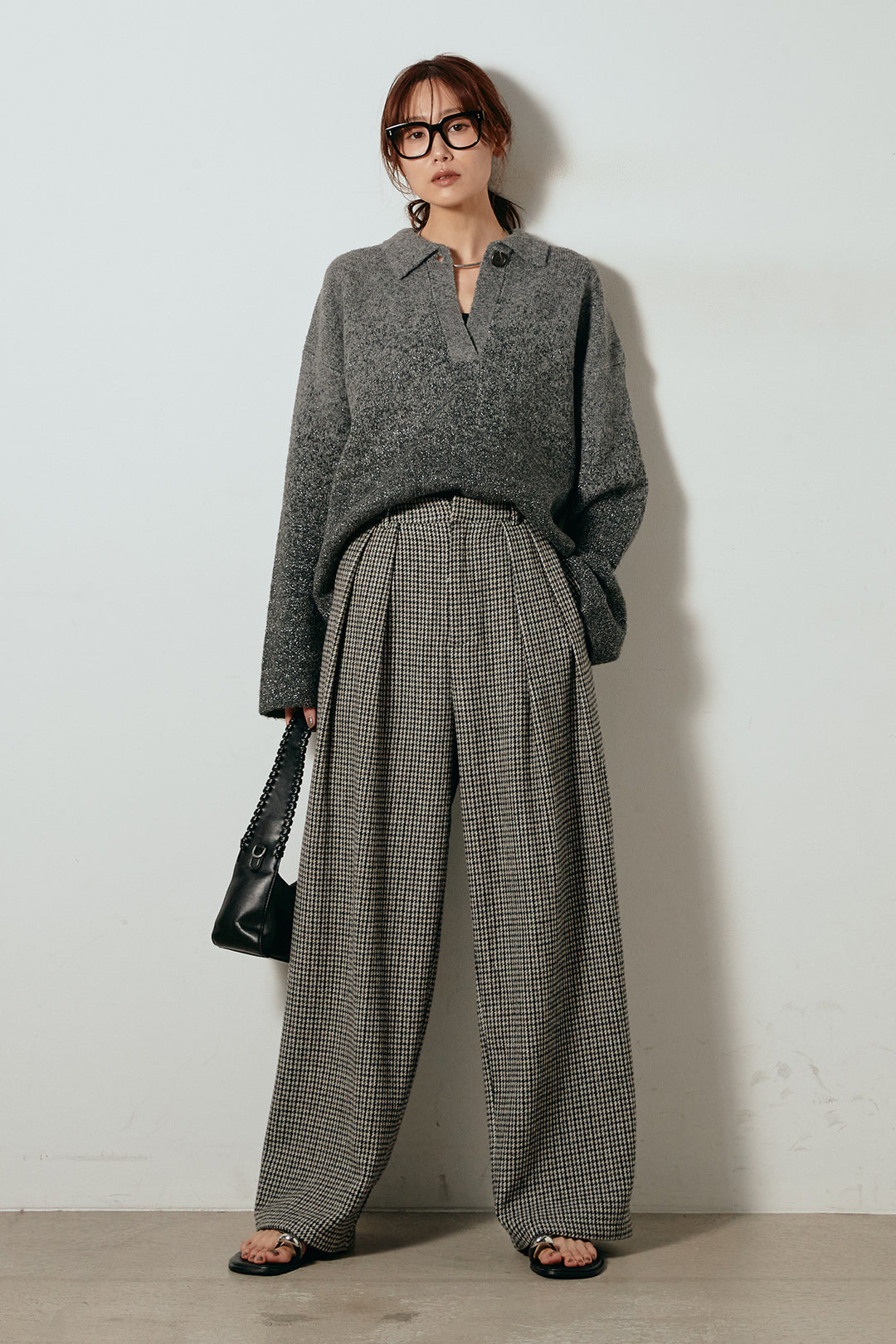 [SET]グラデーションラメニットキーネックプルオーバー+ガンクラブチェックタックパンツ(2set)