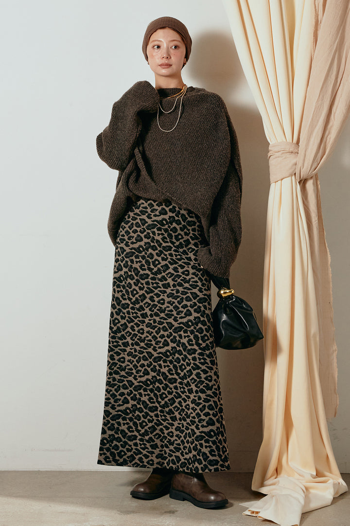 [SET]ケープデザインリブニットトップス+レオパードロングスカート(2set)