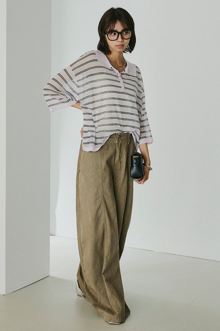 [SET]ボーダーニットポロシャツ+サイドベルトカーブワイドパンツ(2set)