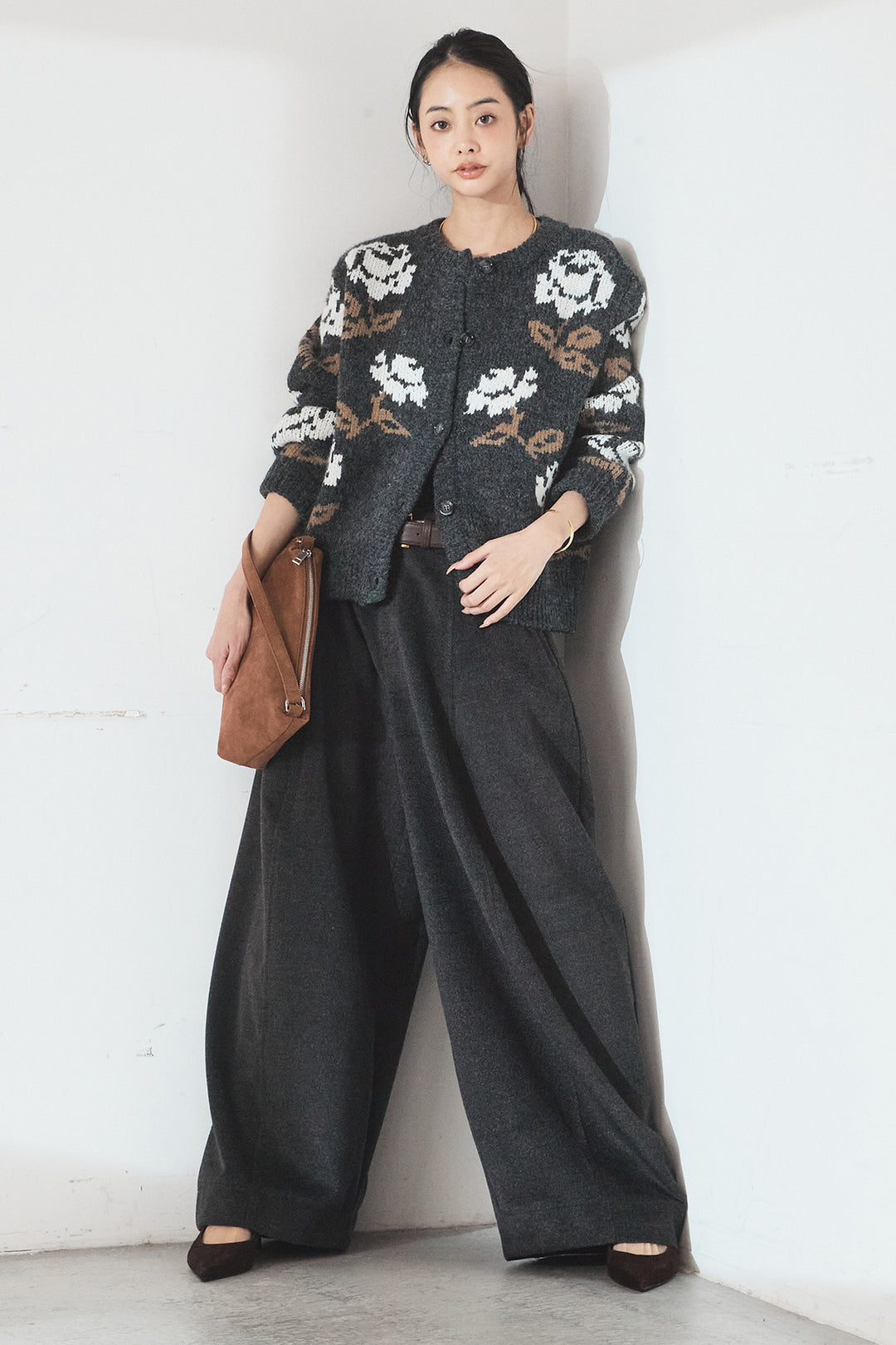 [SET]花柄ジャガードニットカーディガン+ウールタッチカーブワイドパンツ(2set)