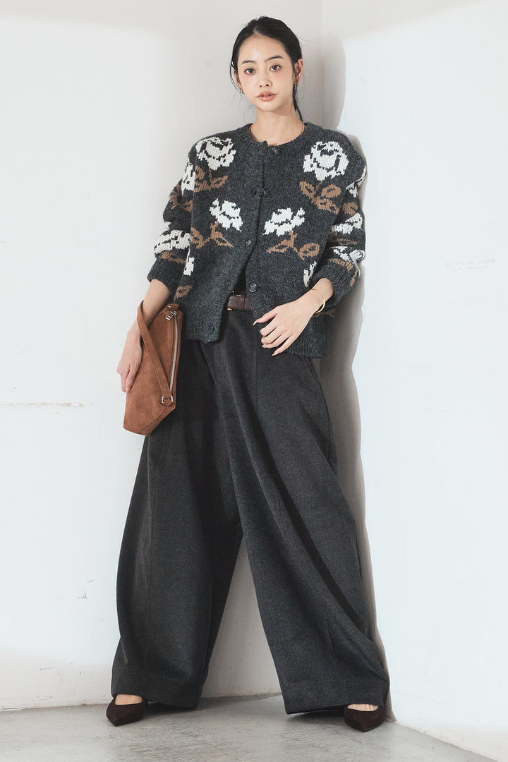 [SET]花柄ジャガードニットカーディガン+ウールタッチカーブワイドパンツ(2set)