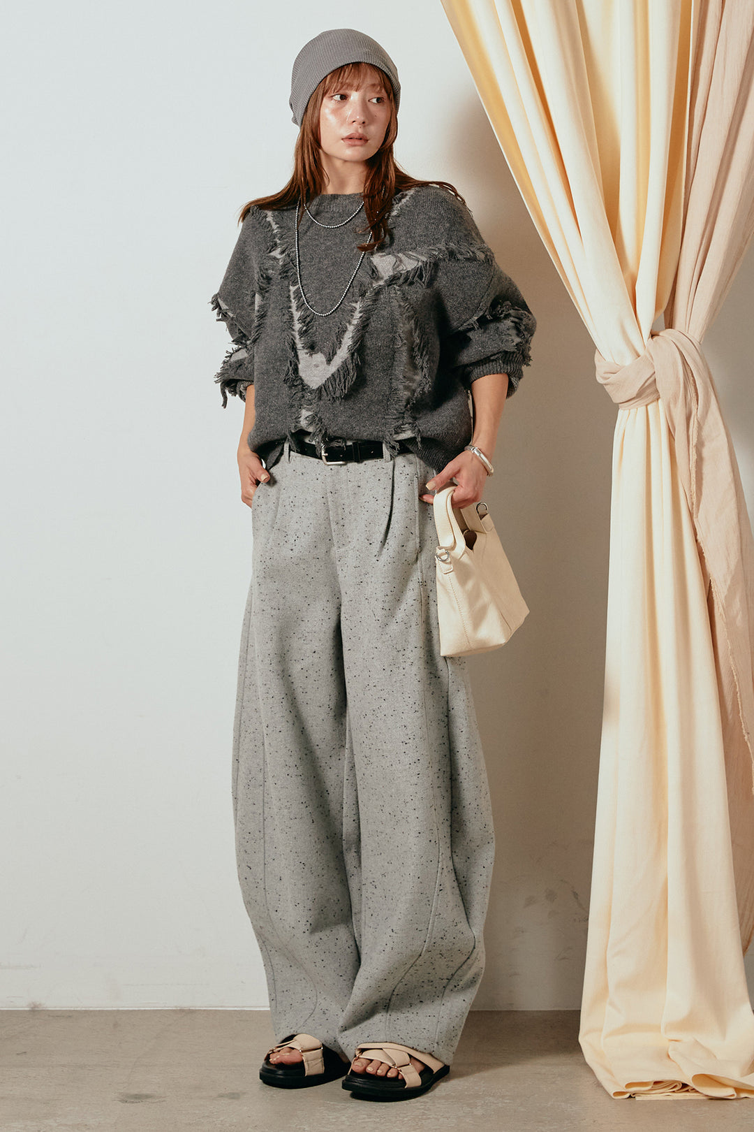 [SET]シャギージャガードニットトップス+ベルト付きネップツイードカーブパンツ(2set)