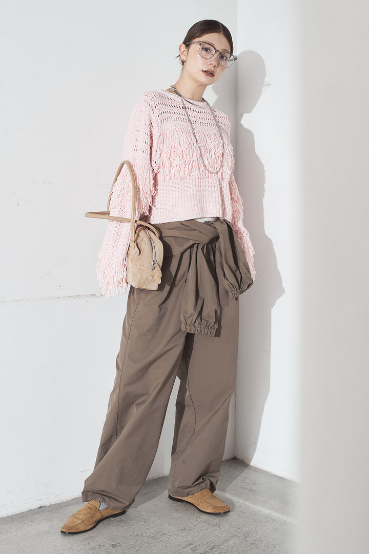 [SET]メッシュフリンジ切り替えプルオーバー+合繊ツイルスタンドウエスト巻きジョガーパンツ(2set)