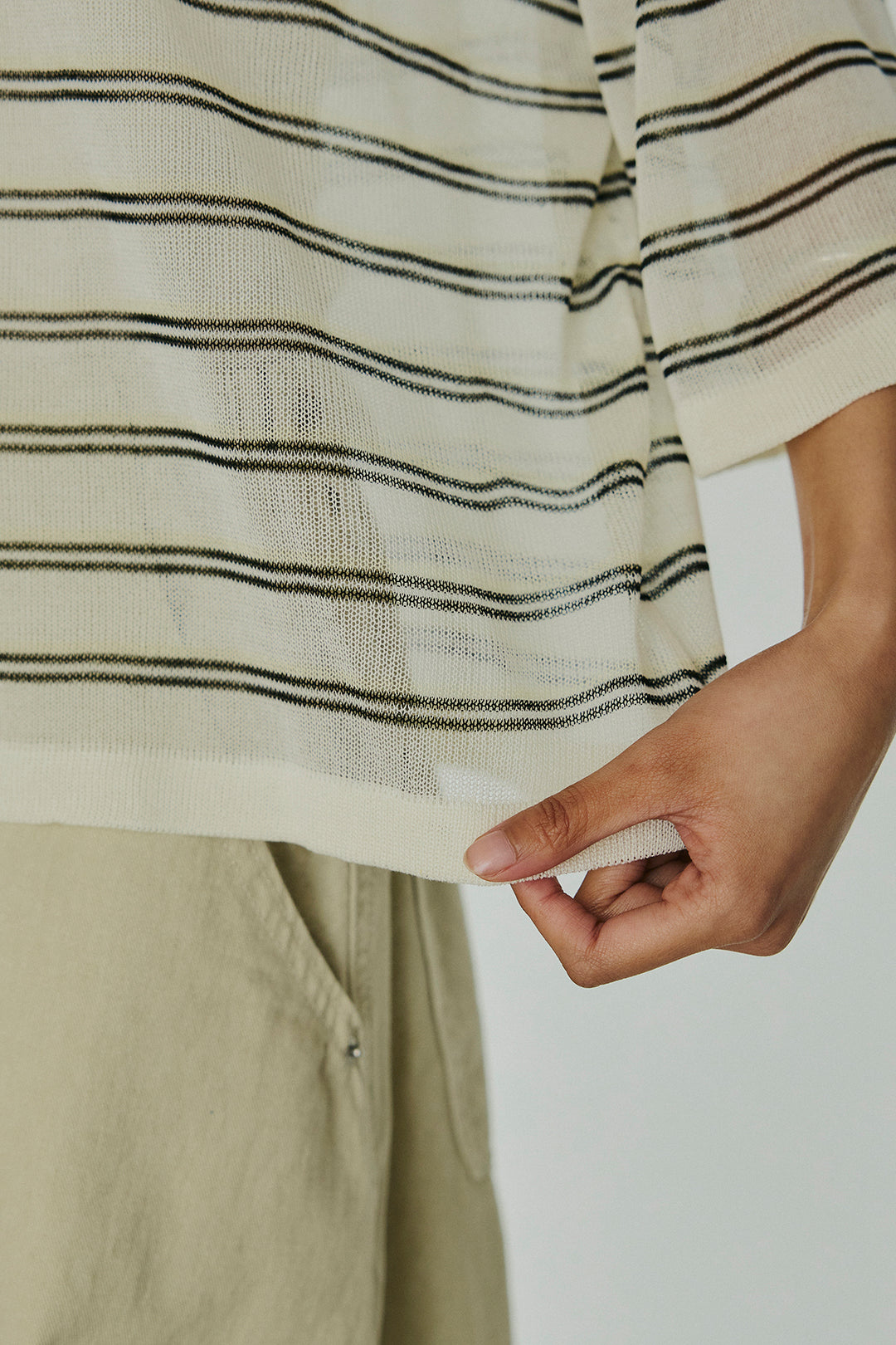 [SET]ボーダーニットポロシャツ+サイドベルトカーブワイドパンツ(2set)