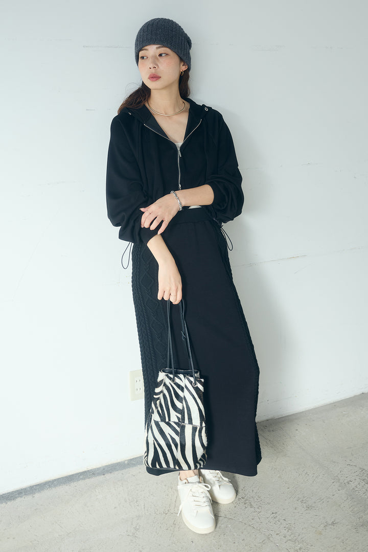 [SET]ドルマンショートフーディー+異素材ドッキングケーブルニットスカート(2set)