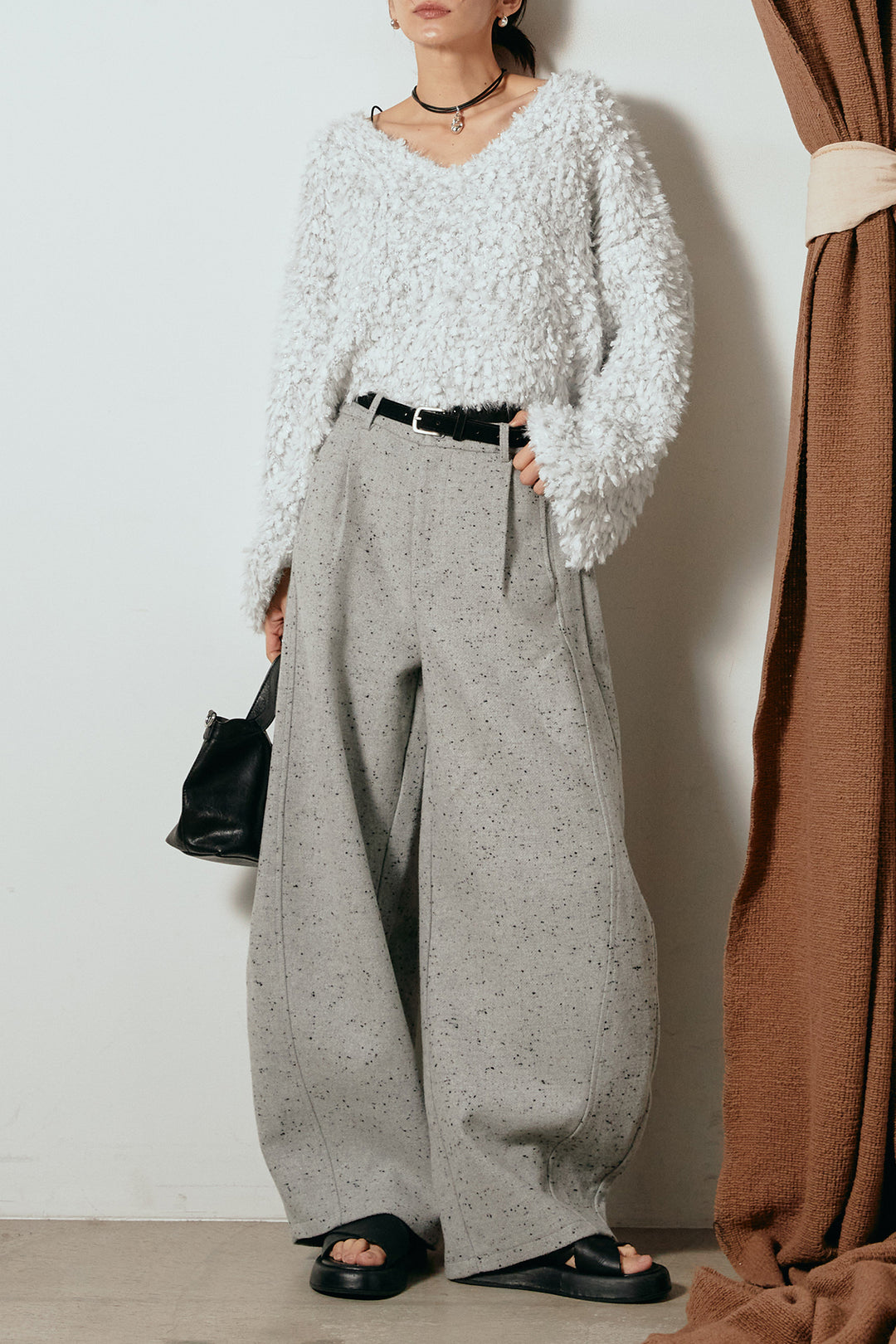 [SET]深Vネックチョウチョヤーンニットトップス+ベルト付きネップツイードカーブパンツ(2set)