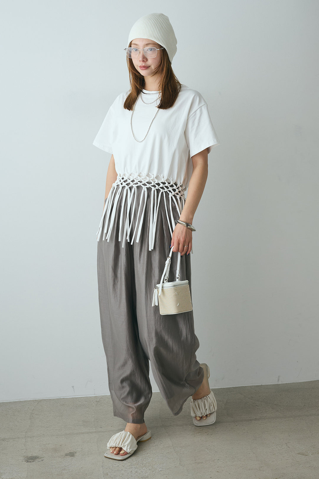 [SET]裾フリンジデザインTシャツ+カーブシアーパンツ(2set)