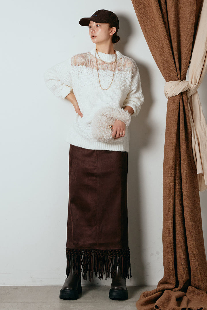 [SET]パターンランダム編みニットトップス+スウェードライク裾フリンジスカート(2set)