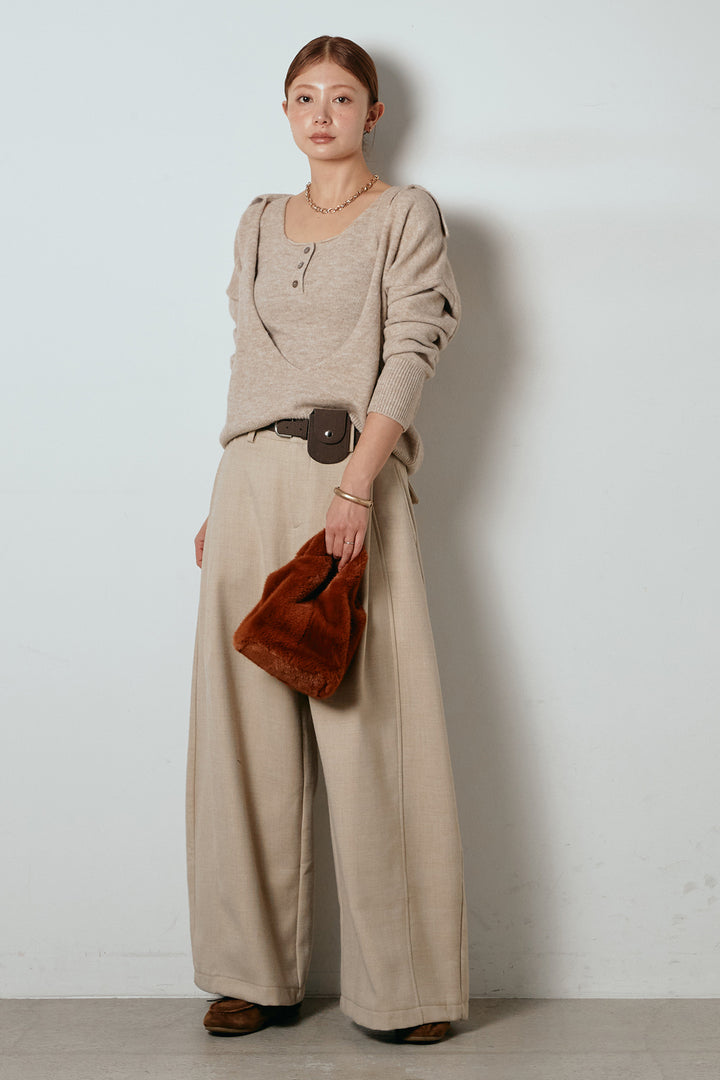 [SET]襟付きレイヤードニットトップス+ポーチベルト付きカーブパンツ(2set)