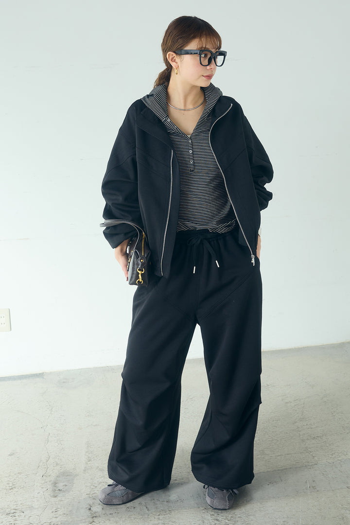 [SET]マルチ切り替えドルマンブルゾン+ランダムタックデザインワイドパンツ+ボーダーフーディーロンT(3set)