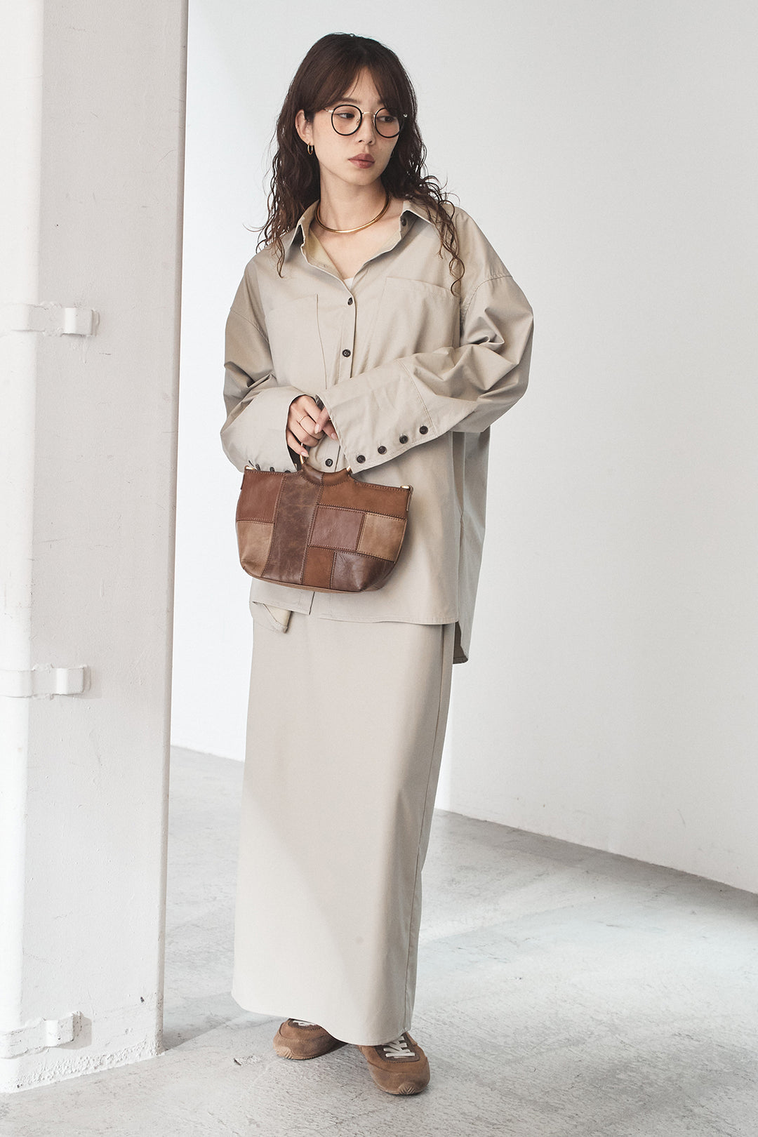 [SET]ウォッシャブルエコレザービックカフスシャツ+ウォッシャブルエコレザーナロースカート(2set)