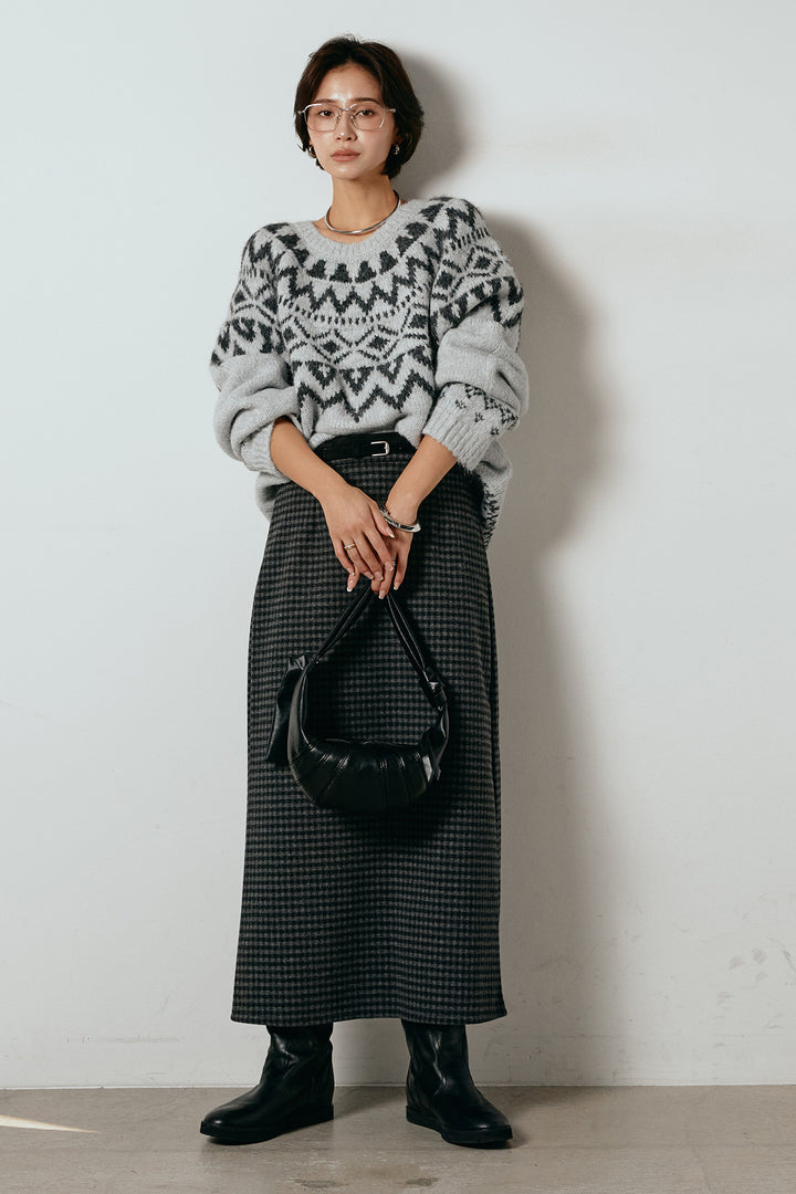 [SET]ノルディック柄Uネックプルオーバー+スエード調ベルト付きチェックナロースカート(2set)