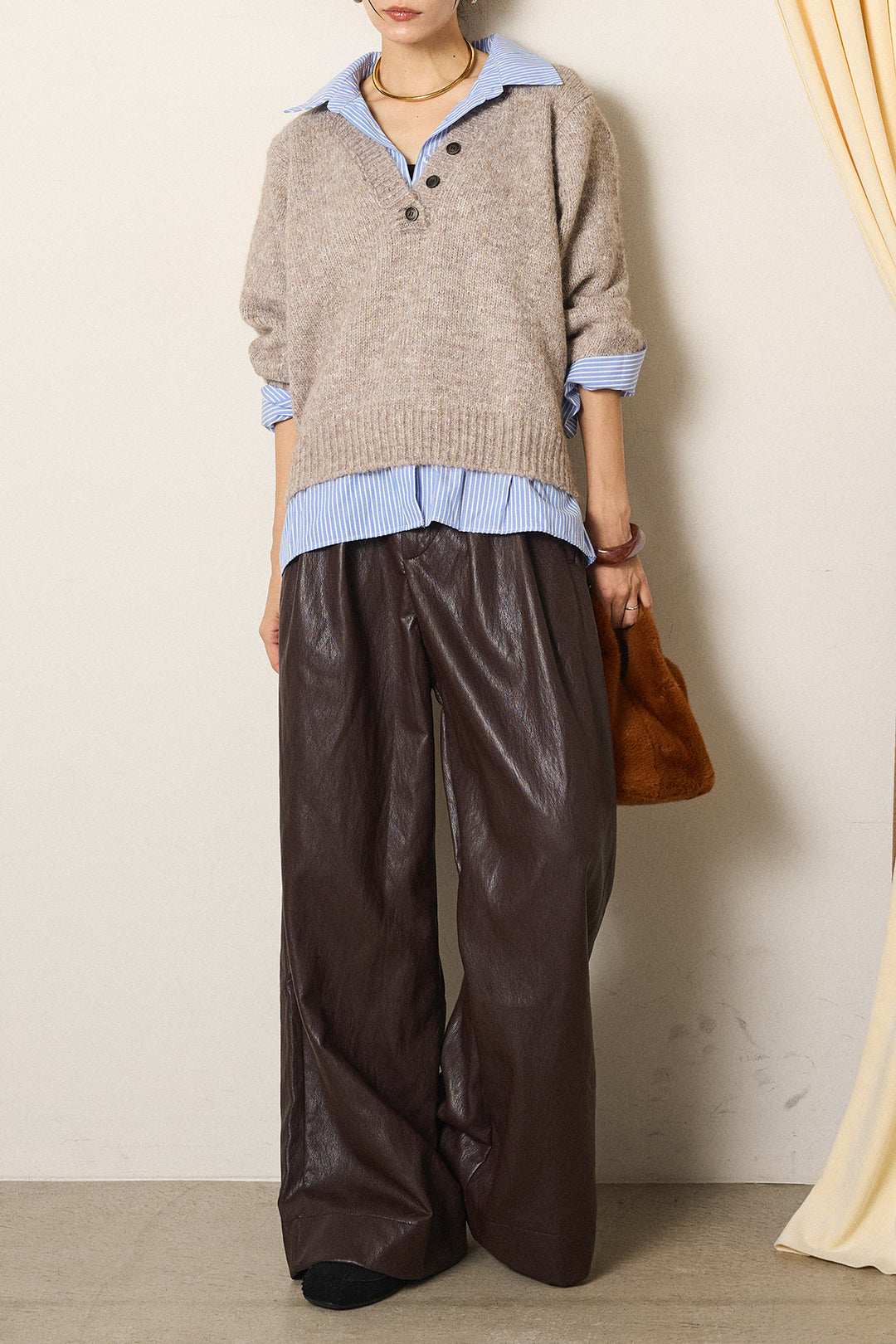 [SET]ストライプシャツドッキングニットポロトップス+ベルト付きレザーライクタックパンツ(2set)