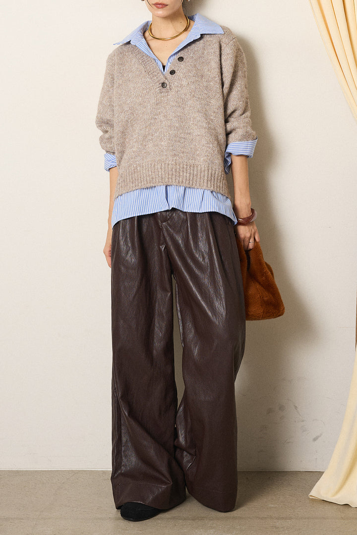 [SET]ストライプシャツドッキングニットポロトップス+ベルト付きレザーライクタックパンツ(2set)