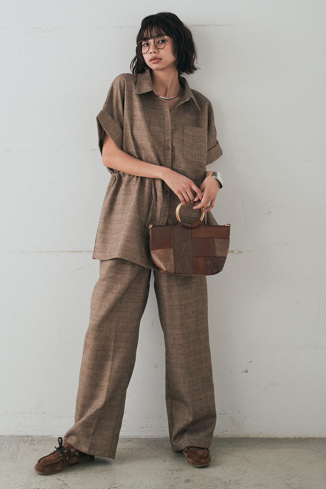 [SET]ツイードウエストドロストシャツ+ツイードタックパンツ(2set)