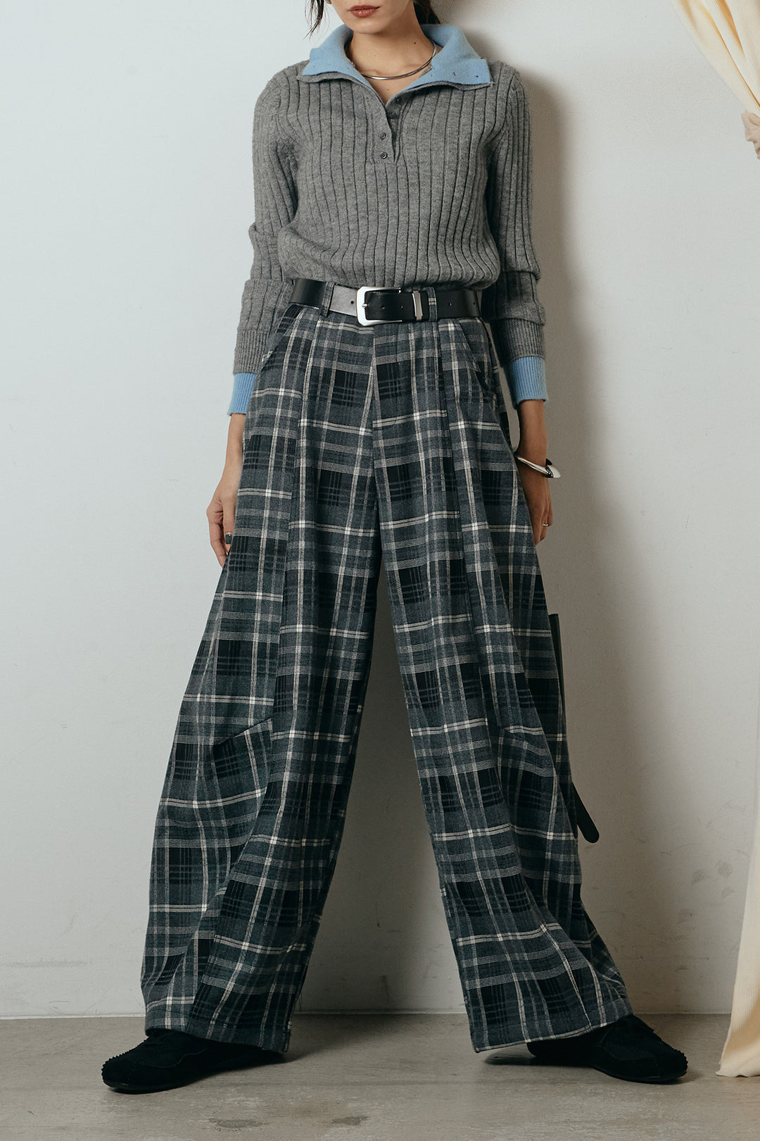 [SET]レイヤード風リブニットトップス+ベルト付きタータンチェックカーブワイドパンツ(2set)