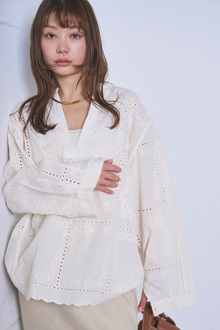 [SET]深V刺繍柄ブラウス+リネンブレンドロングナロースカート(2set)