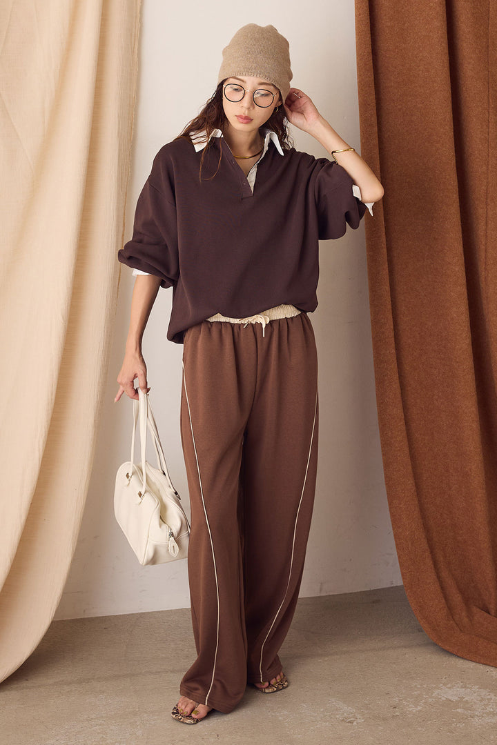 【即納】襟付きポロトップス/ブラウン