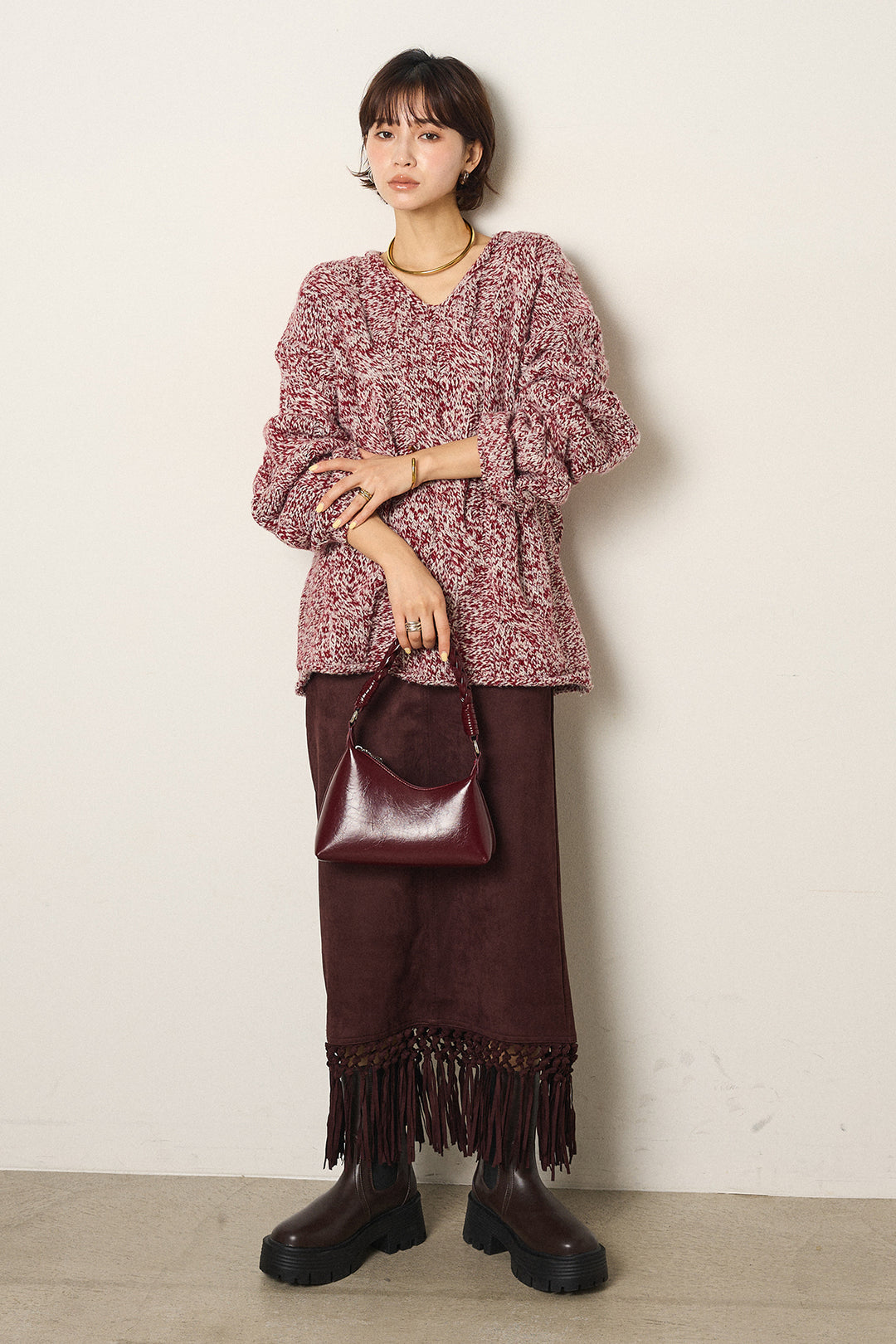 [SET]Vネックミックス編みニットトップス+スウェードライク裾フリンジスカート(2set)