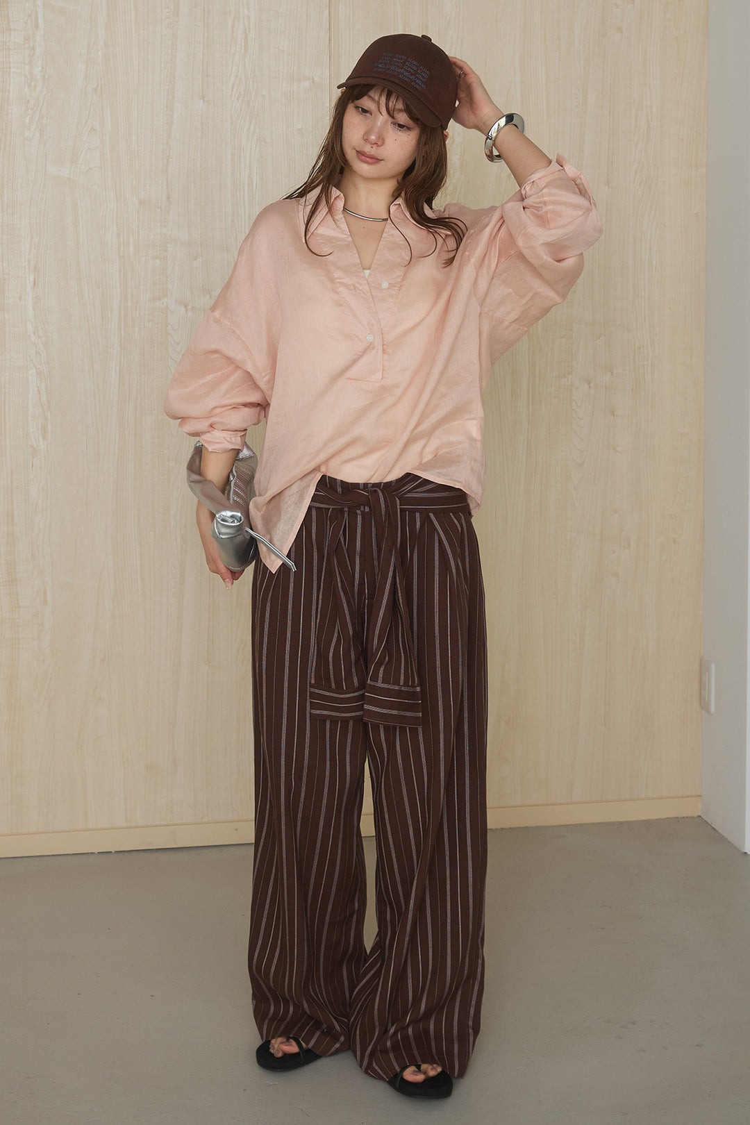 [SET]襟付きボタンブラウス+ウエスト巻きピンストライプパンツ(2set)