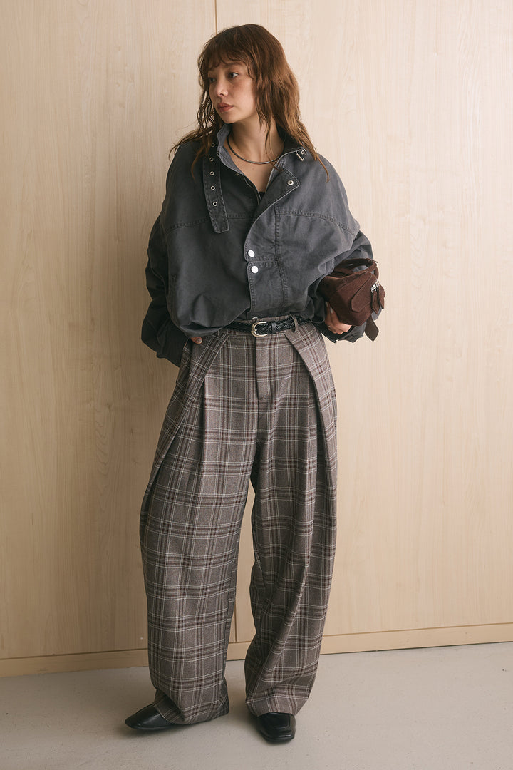 [SET]ミリタリーライクスタンドカラーブルゾン+ブリティッシュチェックバレルパンツ(2set)